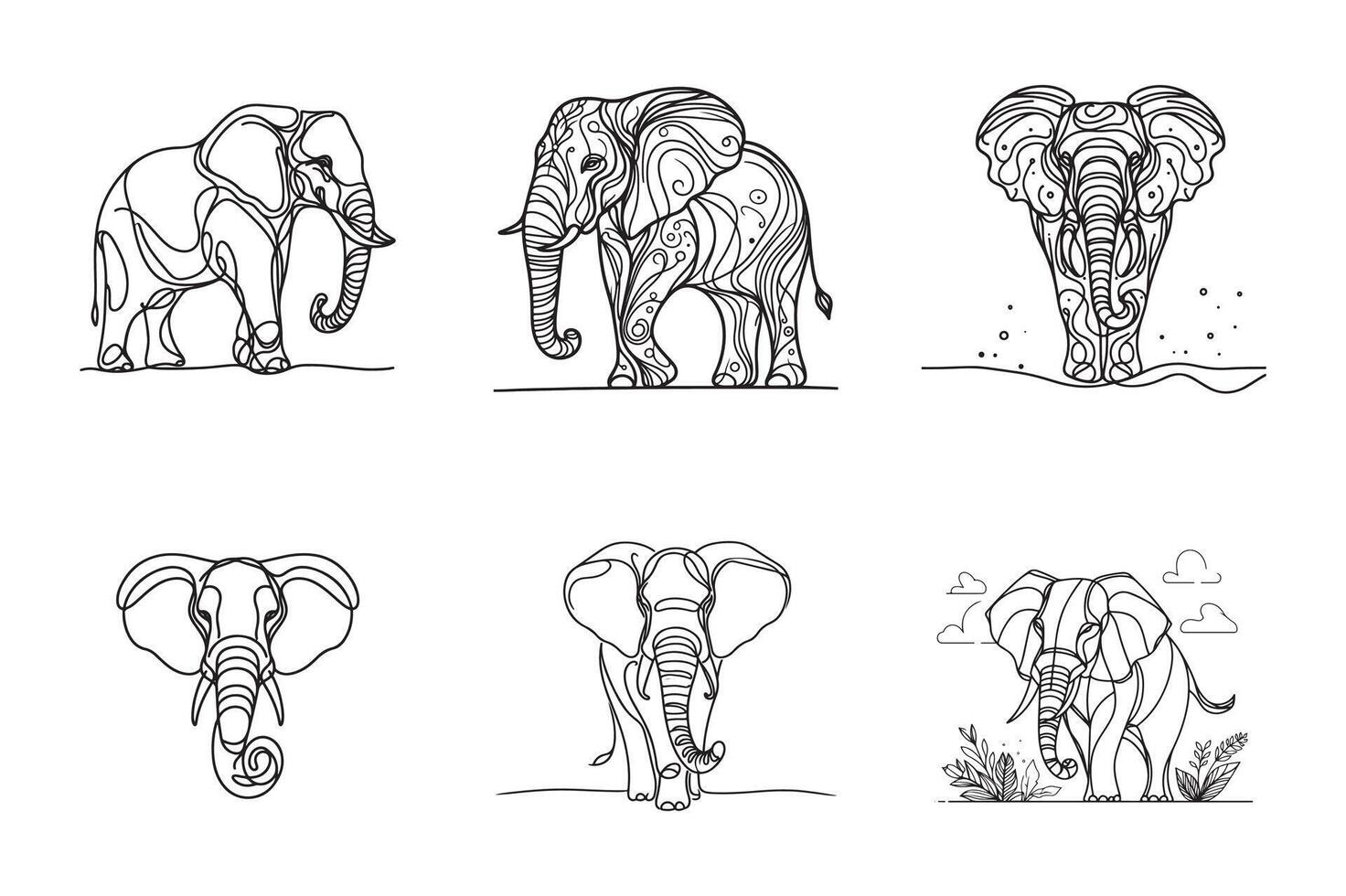set of elephants' line art silhouette minimal logo design vector