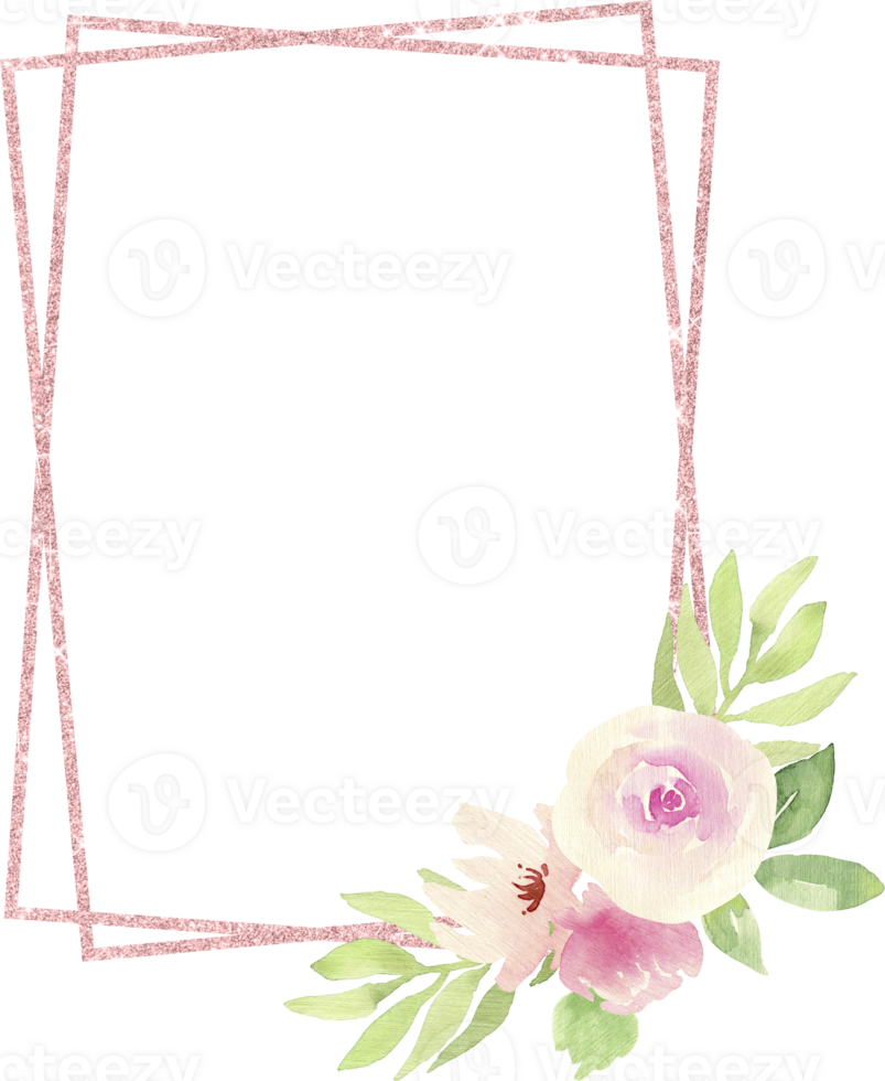 Frame with Two Pink Glitter Rectangles and a Bouquet of Light Pink Flowers and Green Leaves Elegant Floral Decoration png