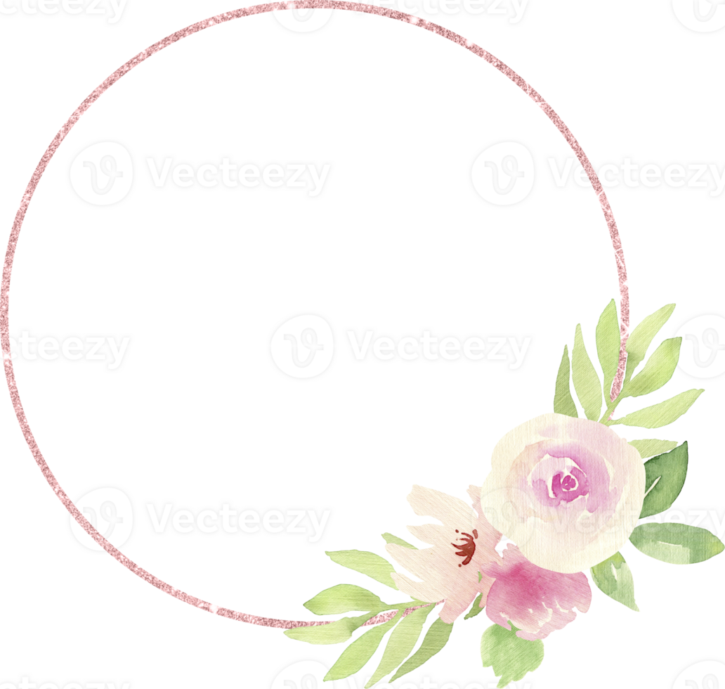 Frame with a Pink Glitter Ring and a Bouquet of Light Pink Flowers and Green Leaves Elegant Floral Decoration png