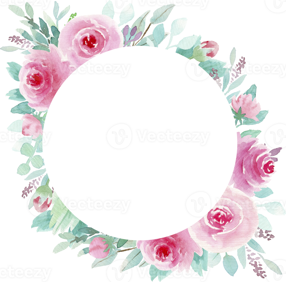 Round Frame of Pink Roses and Green Leaves Elegant Floral Decoration png