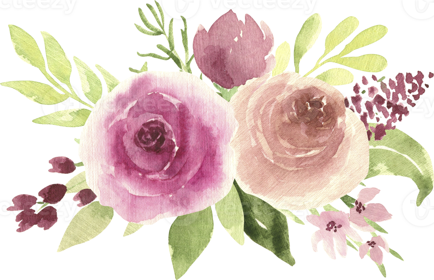 Watercolor Bouquet of Maroon Flowers, Cappuccino Flowers, Lilac Sprigs, and Greenery Leaves Elegant Floral Illustration for Sophisticated Decor png