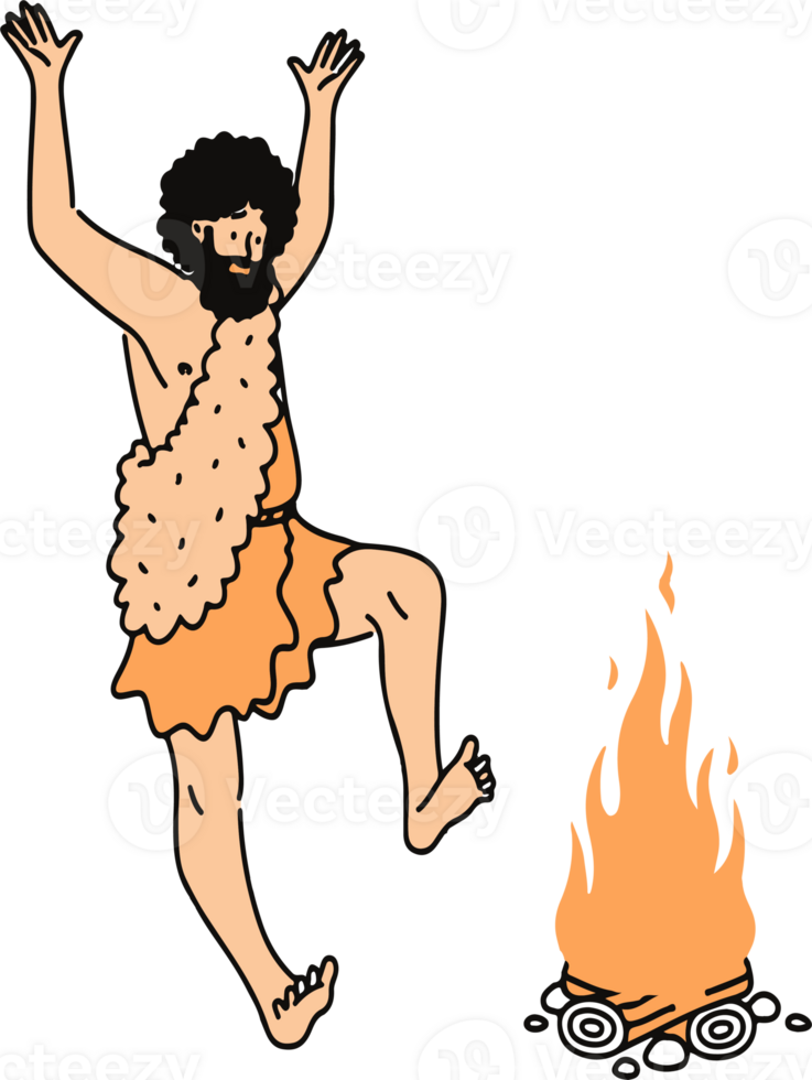 A prehistoric man dancing in front of a campfire png