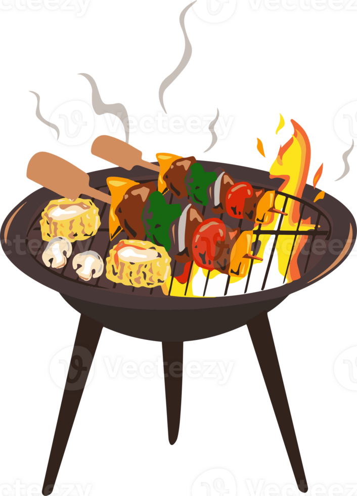 A grill with meat and vegetables on it png