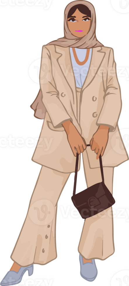 Stylish Businesswoman in Beige Suit and Hijab, Carrying Black Handbag png