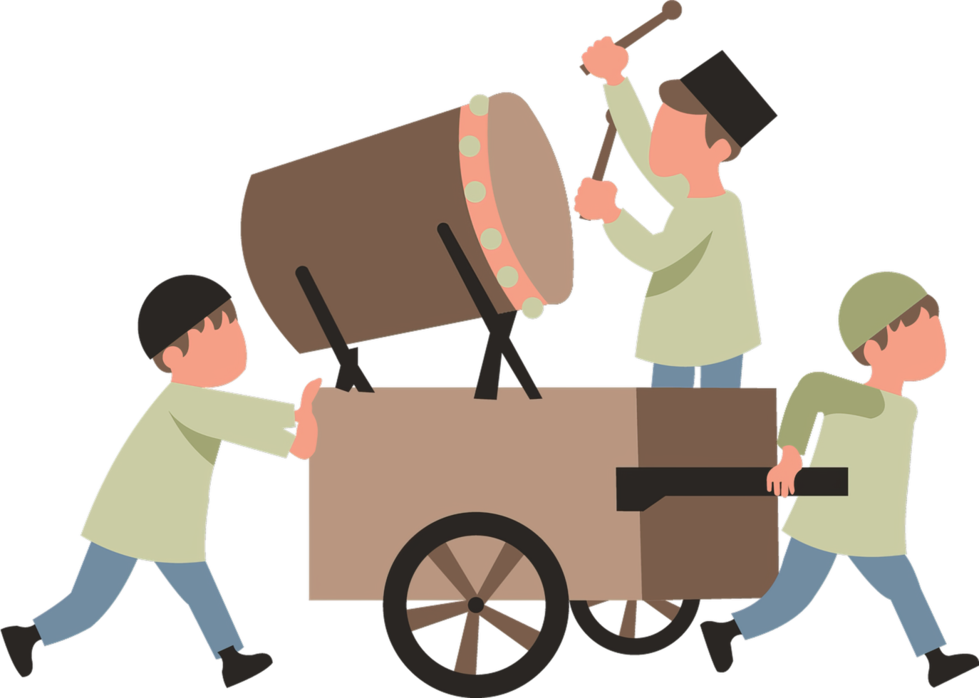Three men are pulling a cart with a drum on it png