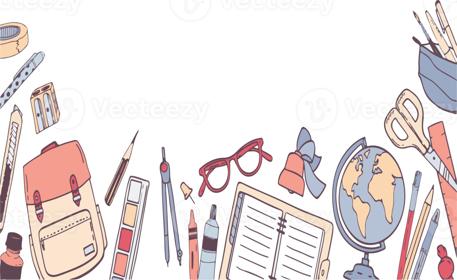 A drawing of a bunch of school supplies including a backpack, a book, a pencil png