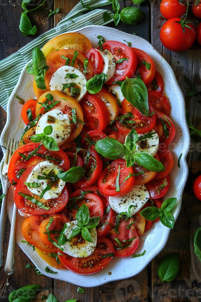 A platter of fresh vibrant tomatoes and mozzarella arranged garnished with basil leaves photo
