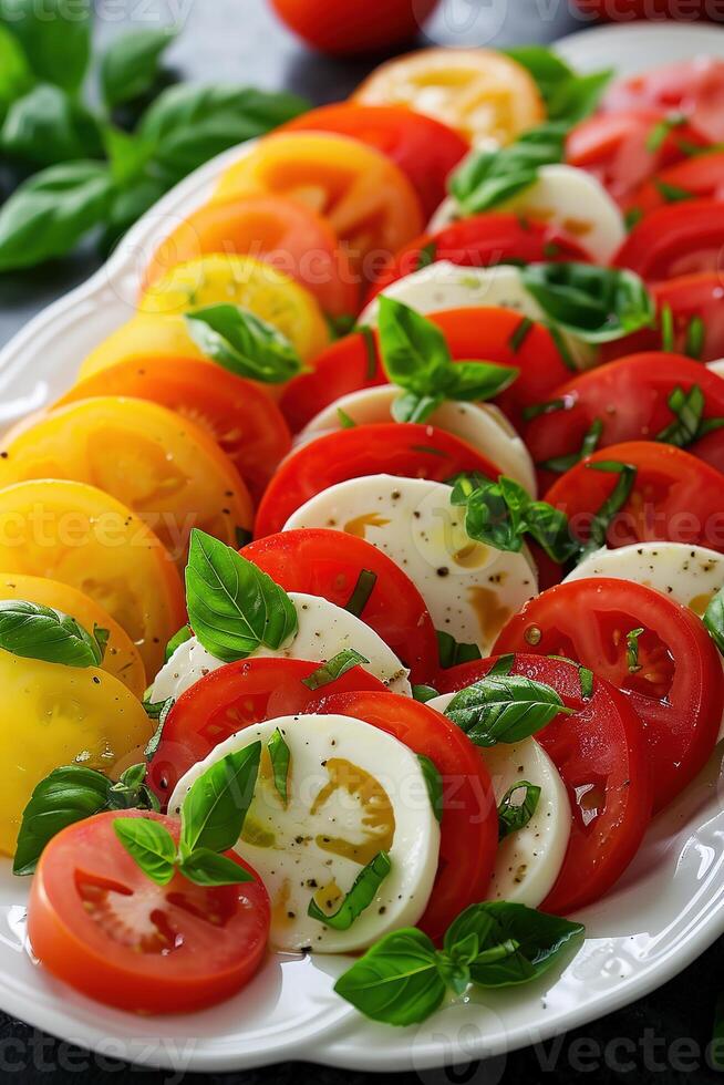 A platter of fresh vibrant tomatoes and mozzarella arranged garnished with basil leaves photo
