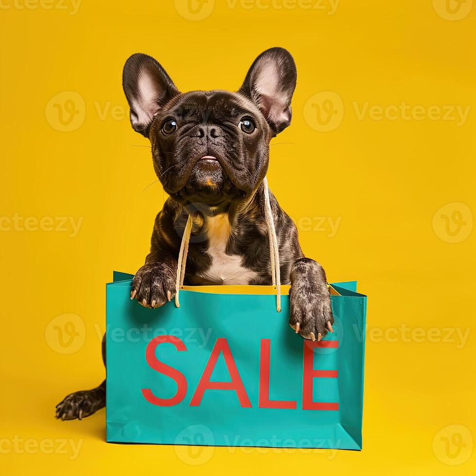 A dog with shopping sale bag on bright background photo