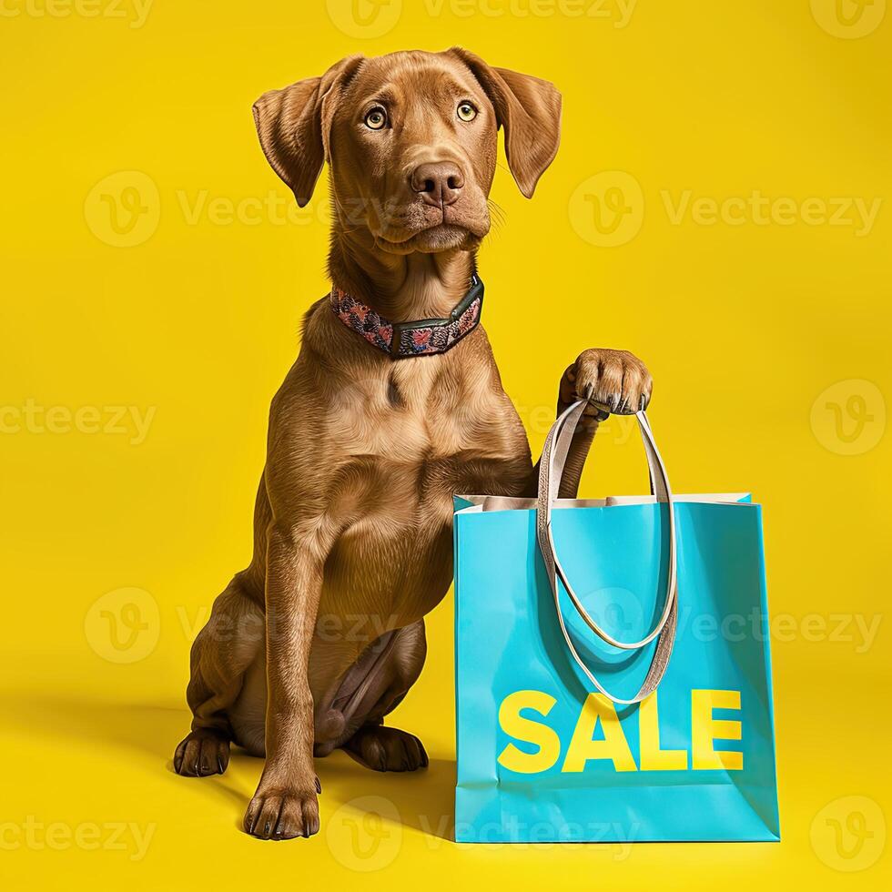 A dog with shopping sale bag on bright background photo