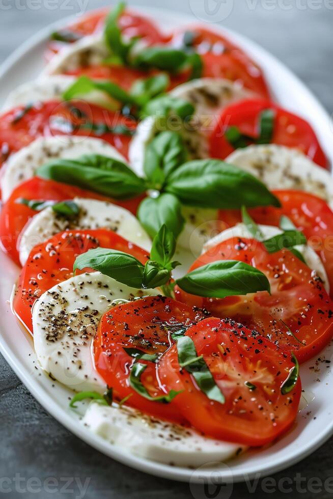 A platter of fresh vibrant tomatoes and mozzarella arranged garnished with basil leaves photo