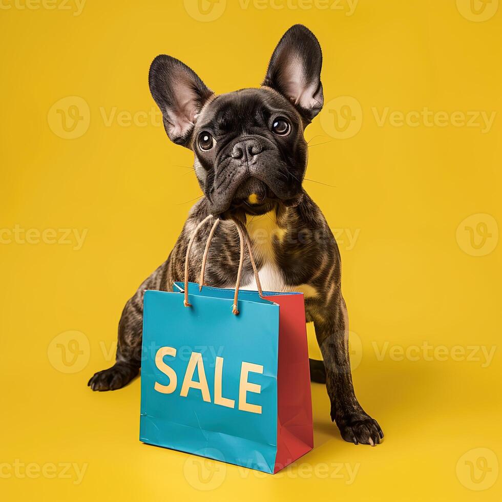A dog with shopping sale bag on bright background photo