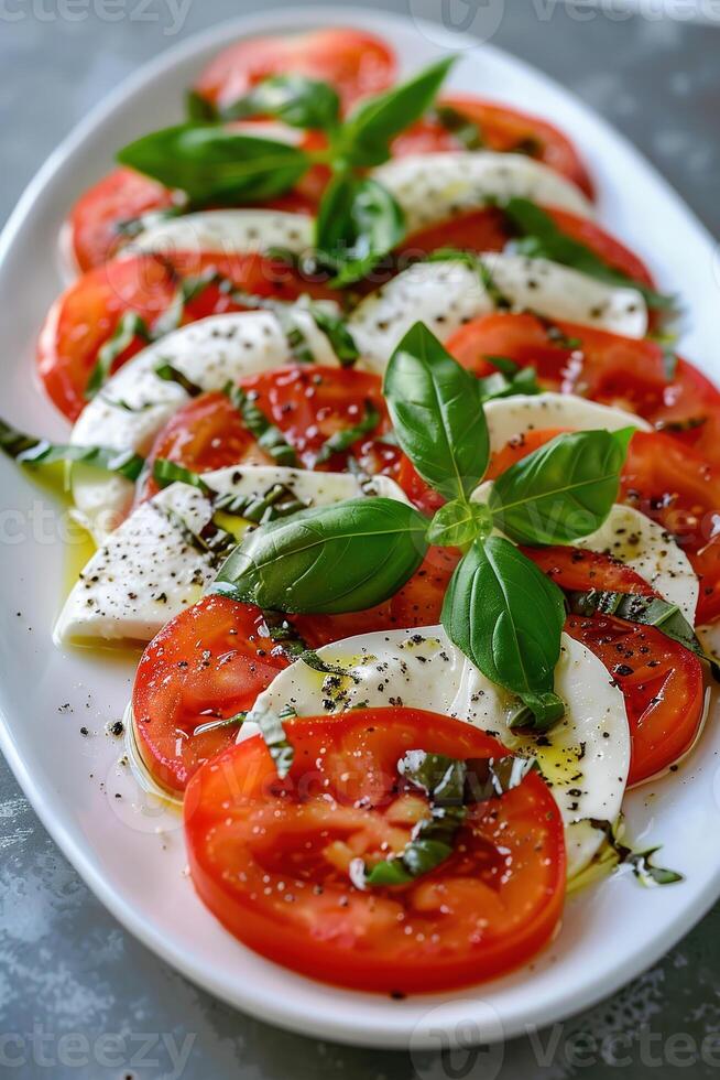 A platter of fresh vibrant tomatoes and mozzarella arranged garnished with basil leaves photo