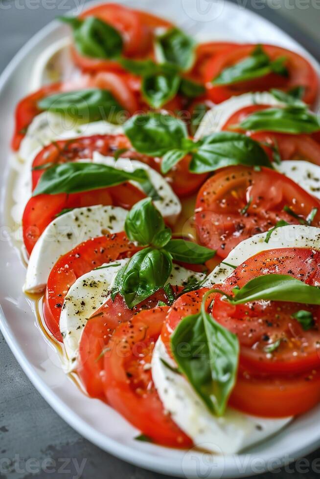 A platter of fresh vibrant tomatoes and mozzarella arranged garnished with basil leaves photo