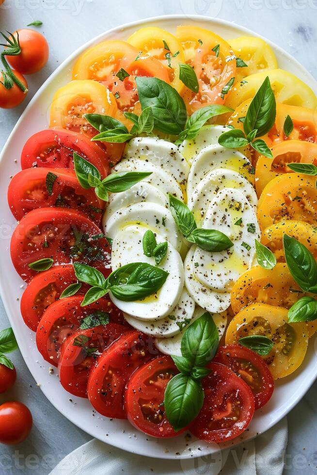 A platter of fresh vibrant tomatoes and mozzarella arranged garnished with basil leaves photo