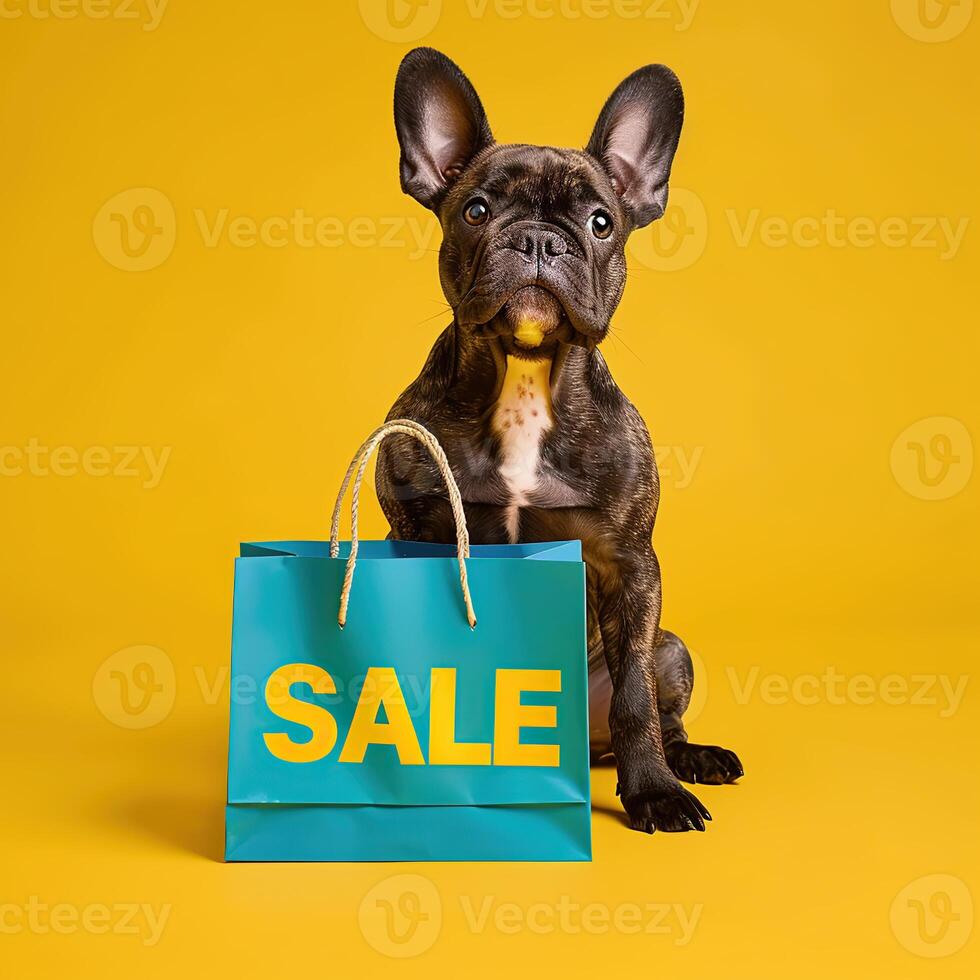 A dog with shopping sale bag on bright background photo