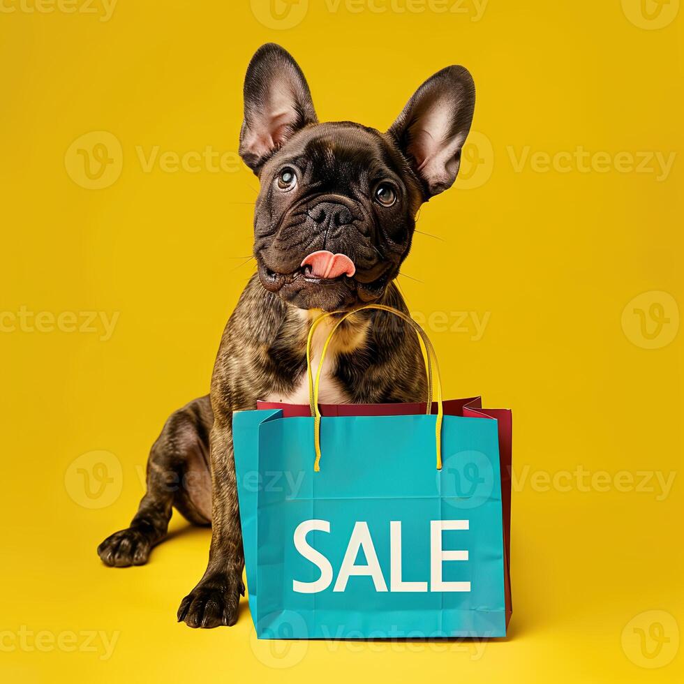 A dog with shopping sale bag on bright background photo