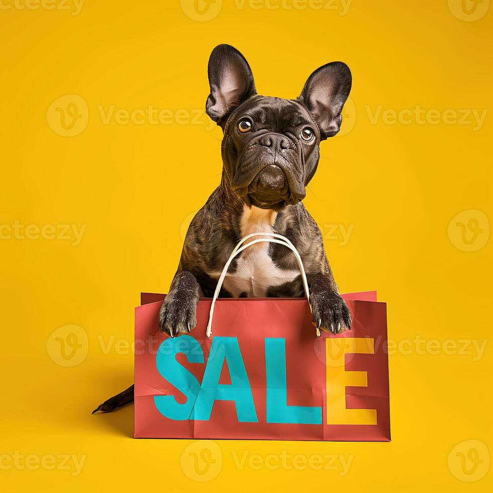 A dog with shopping sale bag on bright background photo