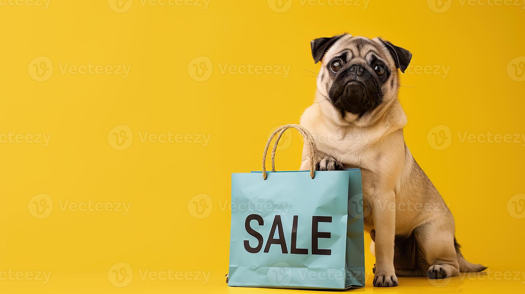 A dog with shopping sale bag on bright background photo