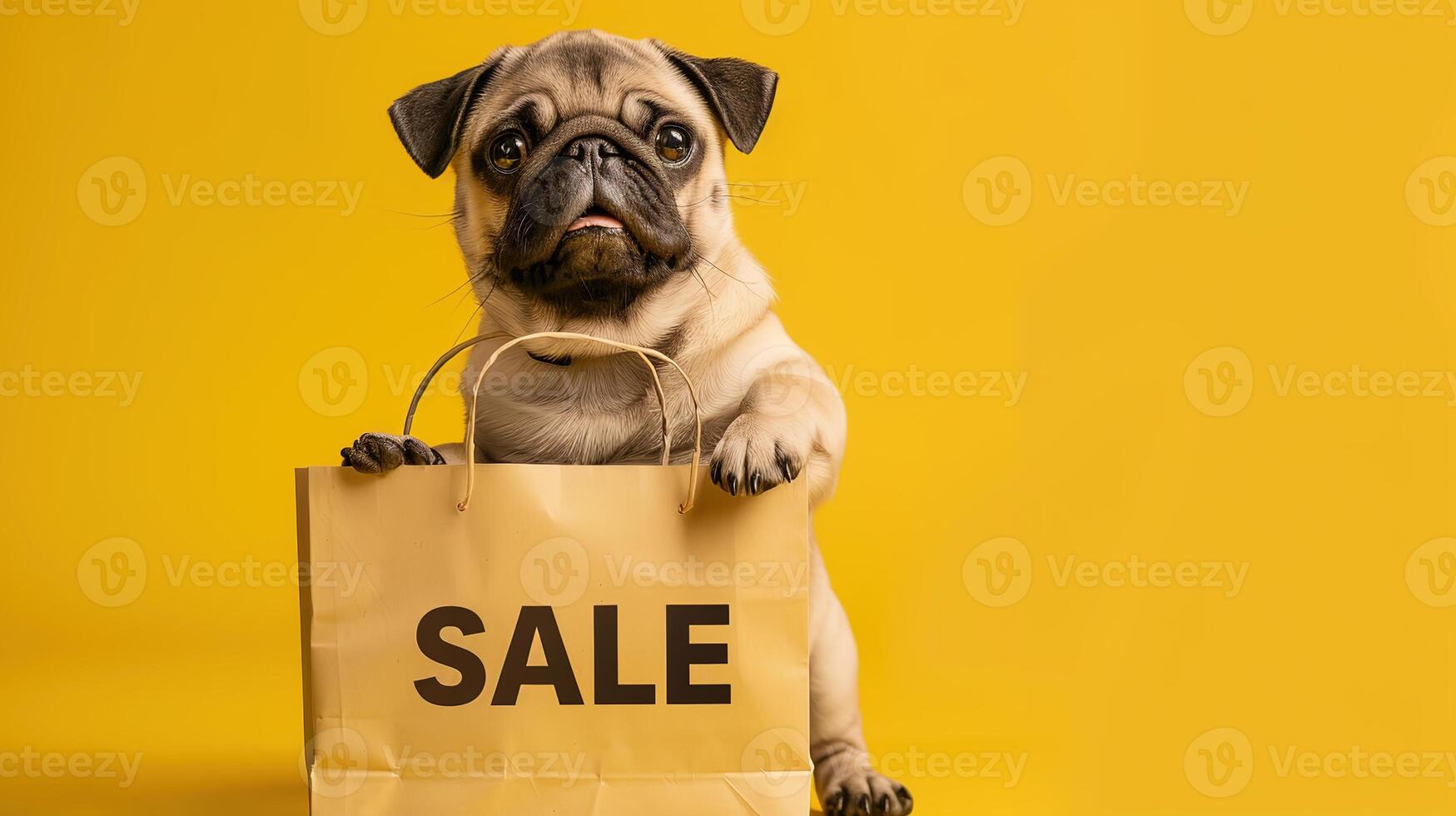 A dog with shopping sale bag on bright background photo