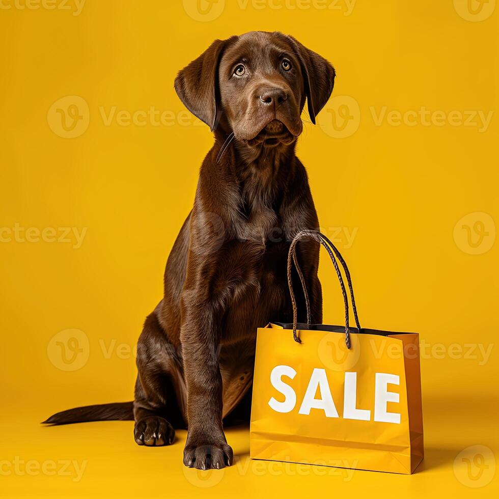 A dog with shopping sale bag on bright background photo