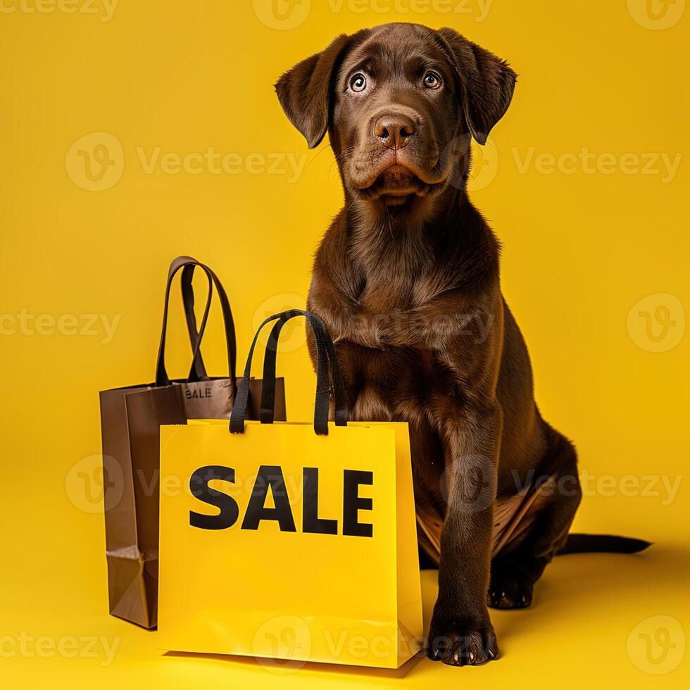 A dog with shopping sale bag on bright background photo