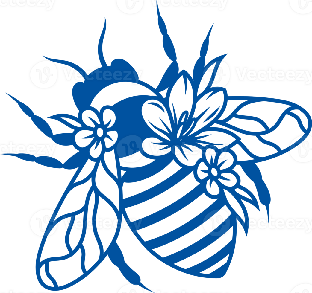 Bee with striped tail and wings near small flowers collects nectar to make natural sweet honey png