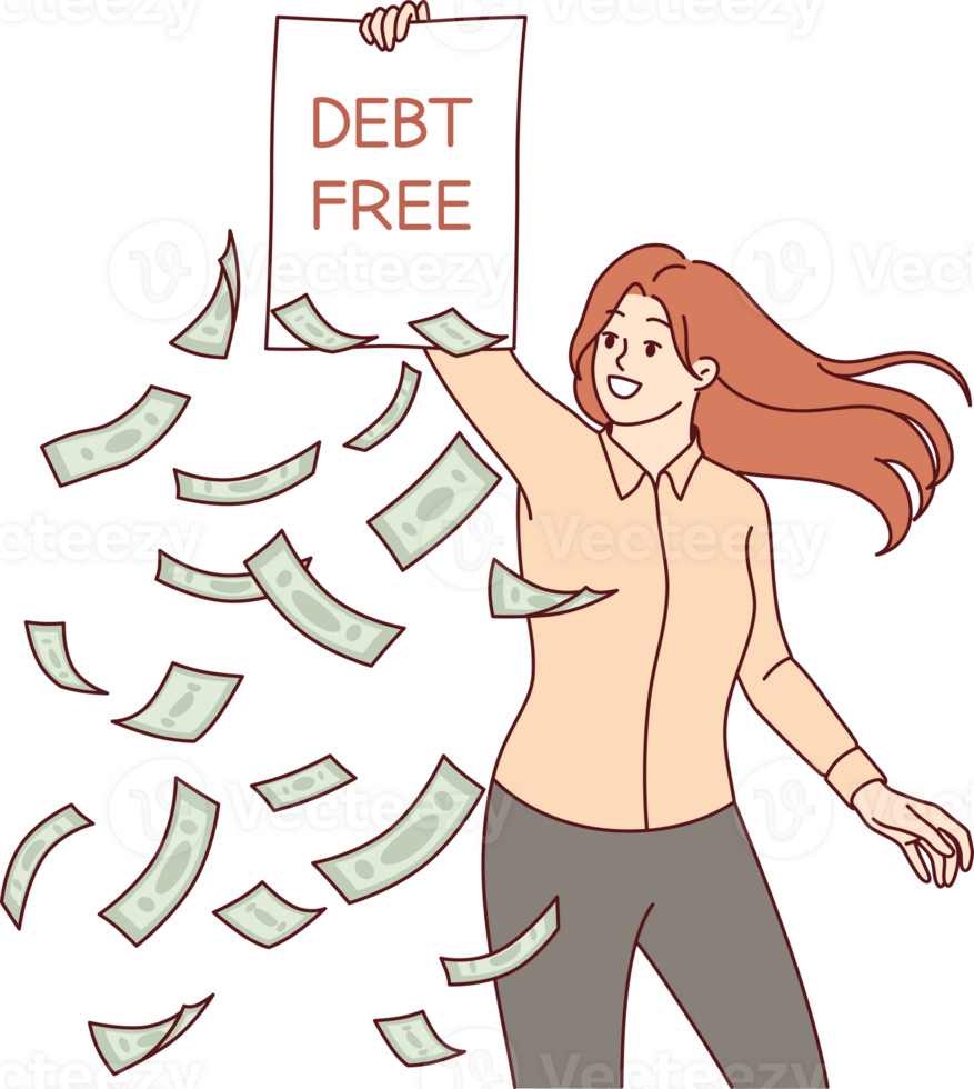 Woman demonstrates debt free inscription on contract, rejoicing at fulfillment of lender obligations and full repayment of loan. Girl lawyer suggests starting bankruptcy proceedings to get rid of debt png