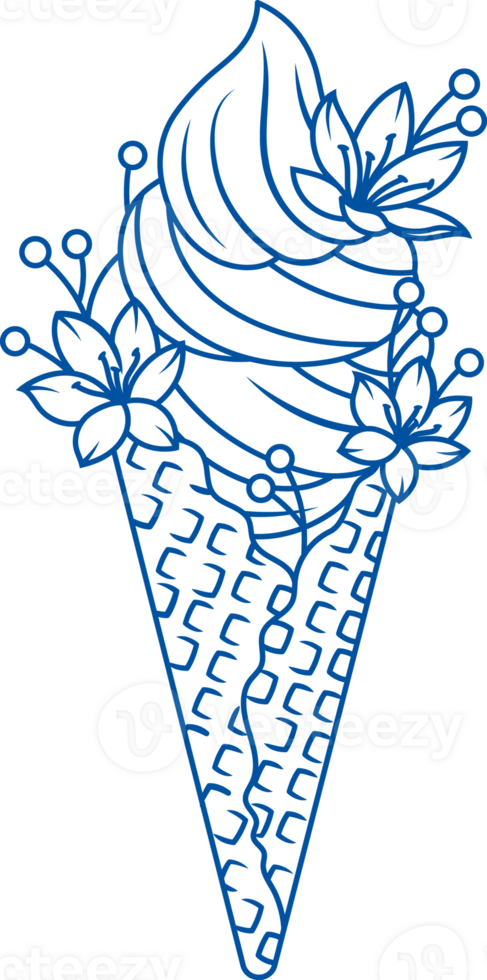 Appetizing ice cream in waffle cone decorated with flowers for design of dessert shop window display png