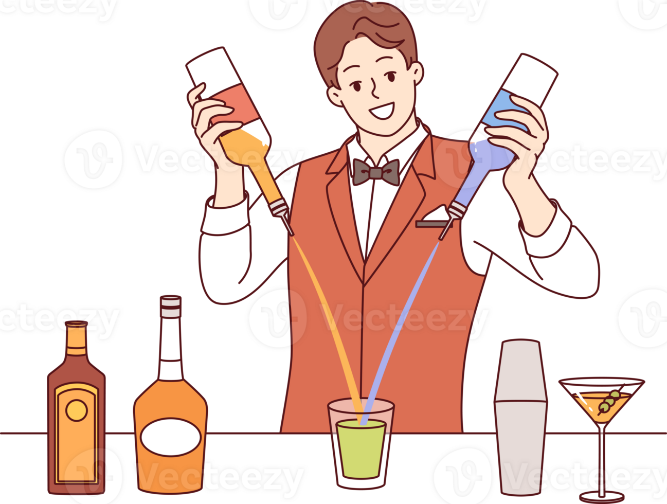 Man bartender mixes cocktail from different alcoholic drinks standing at bar counter of nightclub. Experienced bartender prepares signature drink from liquor and syrup during holiday party or festival png