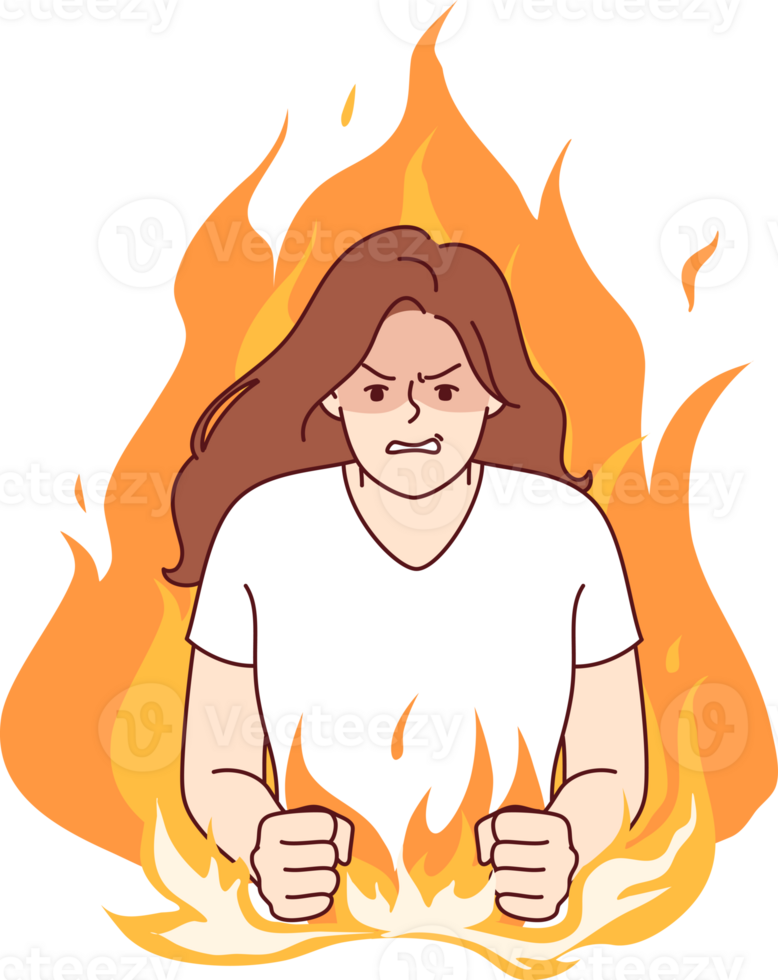 Nervous woman experiencing aggression due to psychological problems, standing in middle of burning flame. Girl aggression and disappointment are caused by bad character and defensiveness. png