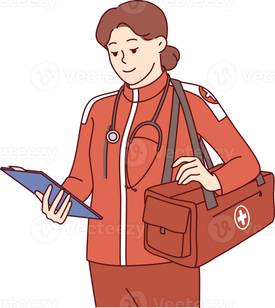 Woman doctor working in ambulance and 911 service is wearing red uniform and holding clipboard. Ambulance girl arrived at scene of incident to save life of patient who was in trouble or had fracture. png