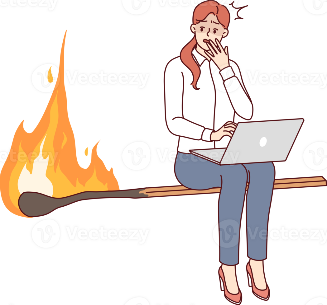 Woman freelancer is afraid of danger of violating business deadlines, sitting on burning match with laptop on lap. Girl with computer fearful of becoming victim of burnout due to strict deadlines png