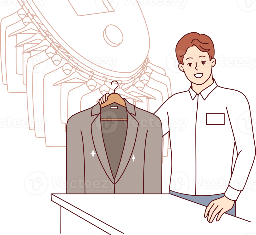 Man working in dry cleaner shows business jacket, cleaned of stains from food or sauce. Dry cleaner manager smiles, inviting to become client and take advantage of services for caring for clothes png
