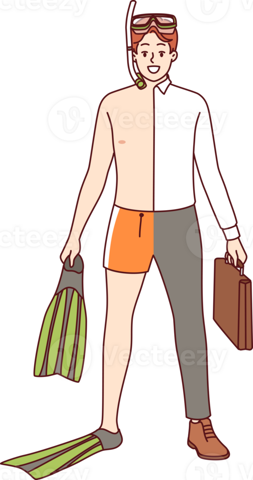 Man dressed in vacation clothes and business suit at same time, dreaming of quick summer sea voyage. Businessman with hobby of diving calls for swimming and sunbathing on beach during vacation png