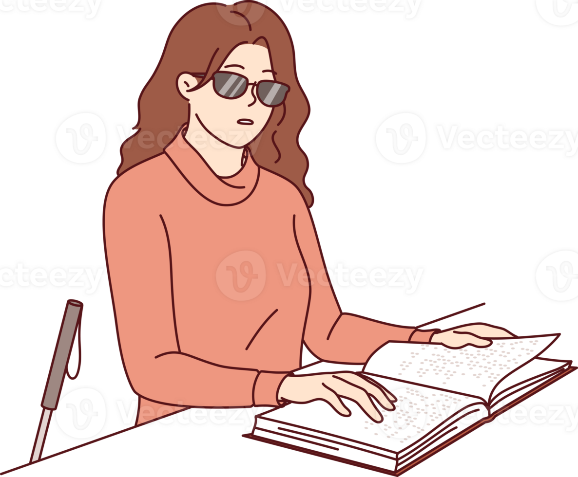 Blind woman reads braille book, using literature for people with disabilities to gain new knowledge. Blind girl in sunglasses touches pages of textbook to recognize three-dimensional letters. png