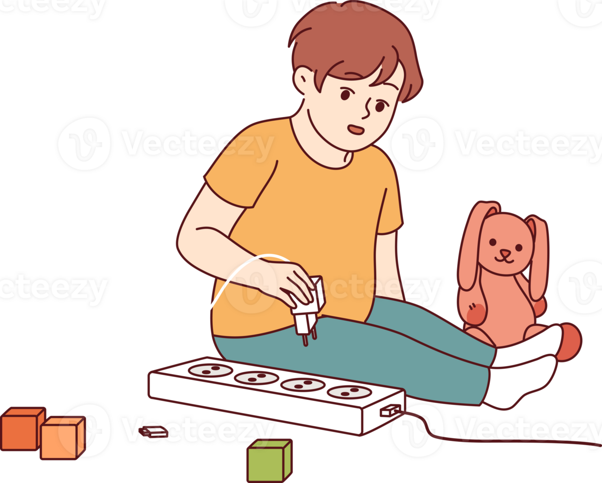 Little boy plays with electrical appliances at risk of getting electric shock due to lack of attention from parents. Child spends time alone playing with electrical outlet that can cause injury png