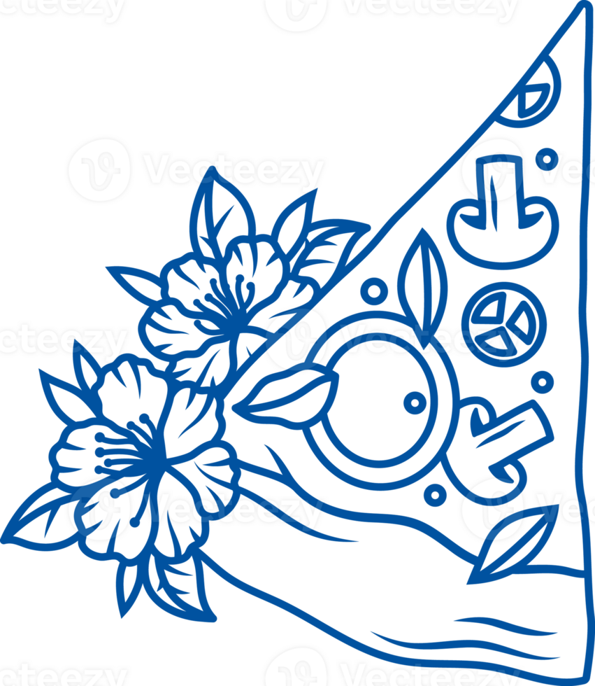 Piece of pizza baked in stone oven to quickly satisfy hunger, decorated with flowers png