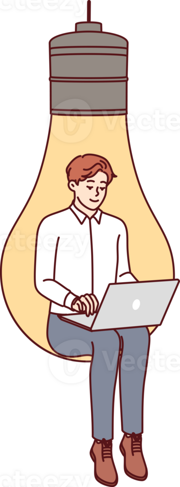 Man inventor with laptop sits in large light bulb, symbolizing inspiration for coming up with business ideas. Smart guy inventor develops web service or software for internet users png