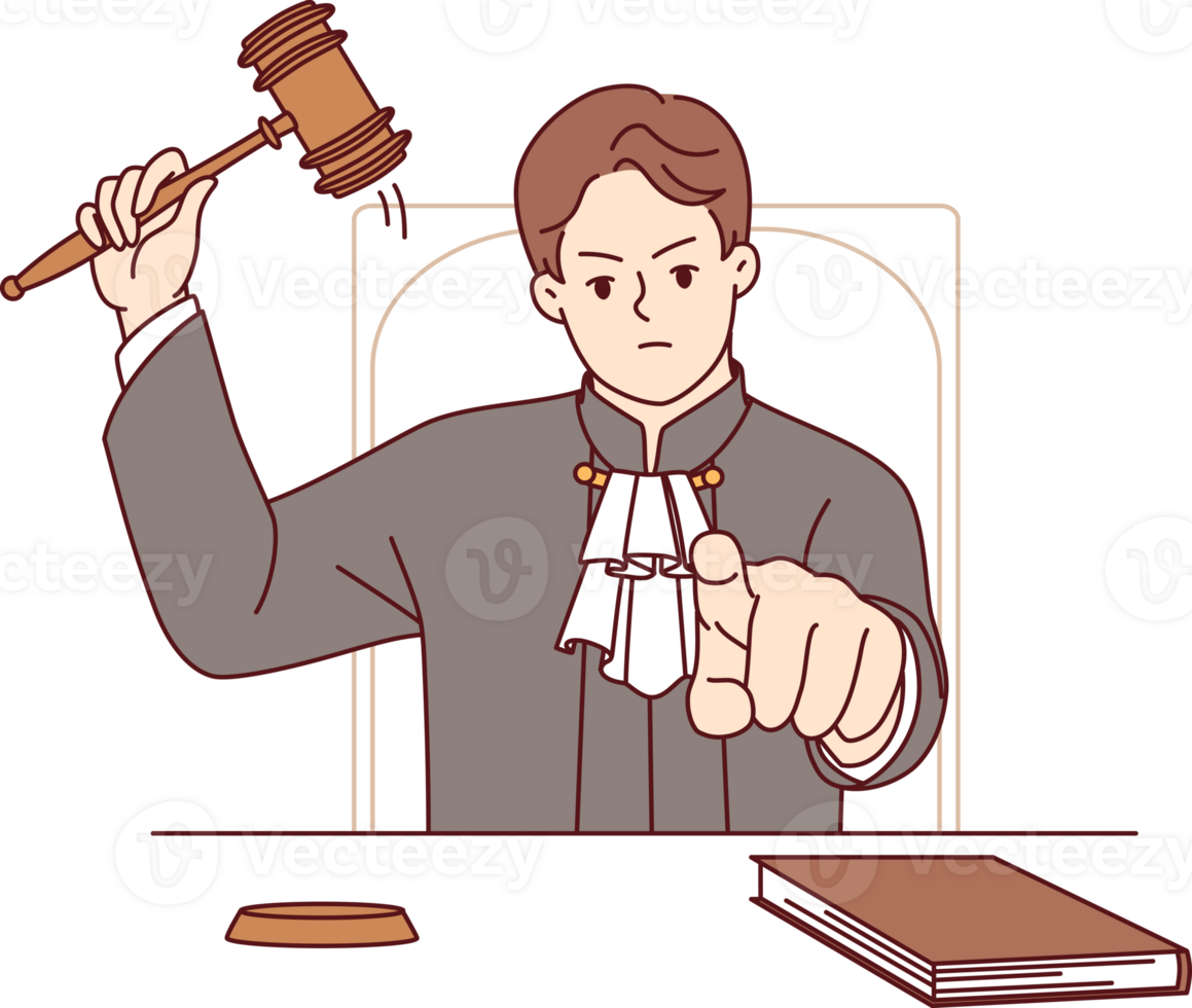 Stern judge pronounces verdict and points finger at screen after hitting gavel and announcing prison term. Angry judge sits at table demonstrating inflexibility and desire to punish criminal png