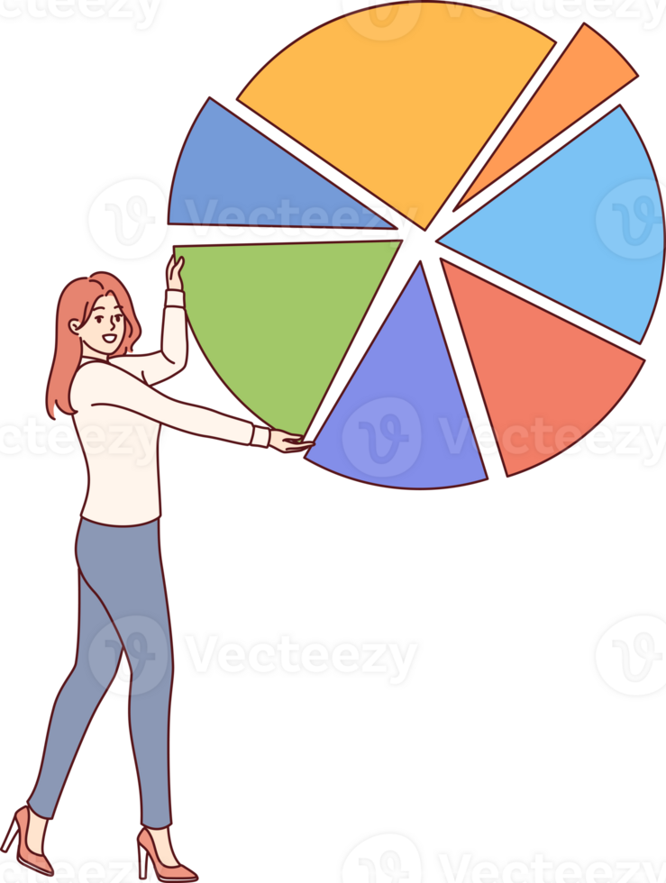 Woman is engaged in business analytics and demonstrates statistical chart, visualizing data. Girl with statistical drawing makes product presentation and shows reports from previous projects. png