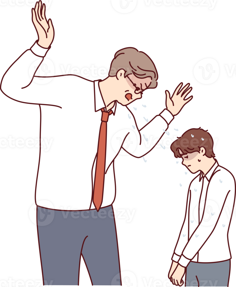 Angry boss yells at little subordinate, reprimanding him for making mistake or violating plan. Drool flying from mouth of angry boss scolding employee and showing hatred and lack of professionalism png