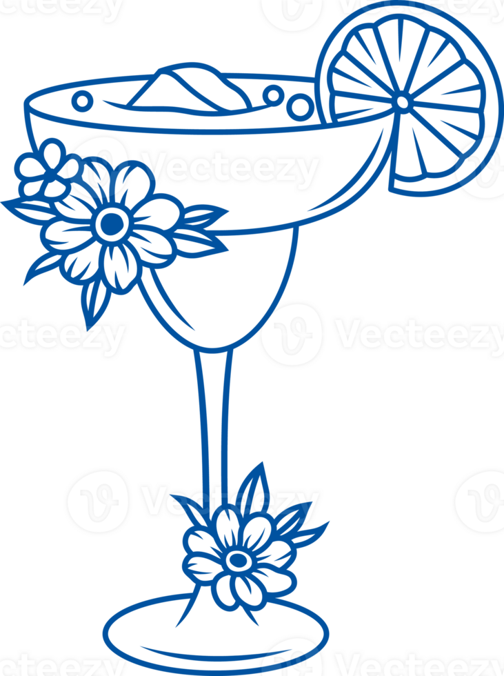 Exotic alcoholic cocktail in long-stemmed glass is decorated with slice of lemon and flowers png