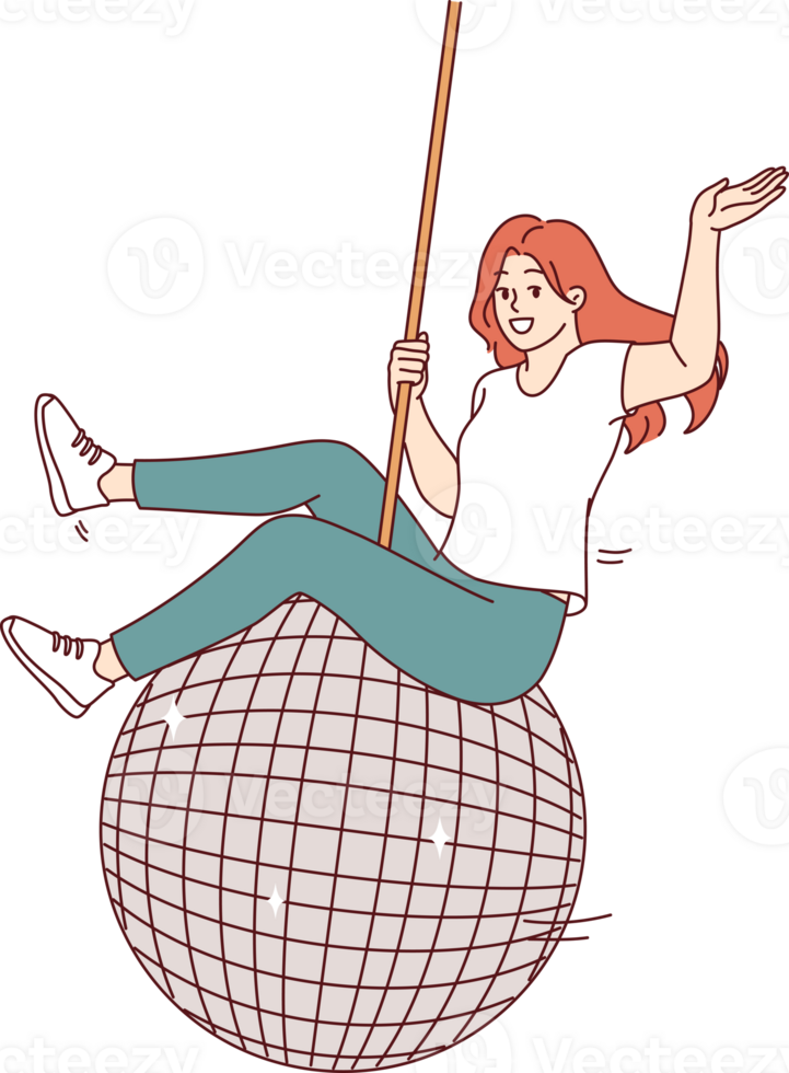 Woman swings on large disco ball and waves hand welcomingly, inviting guests to student party with fiery dancing. Disco ball for dance floor symbolizes great festive rave in nightclub png