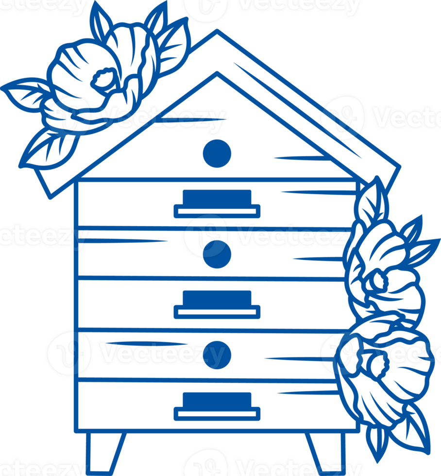 Bee hive in form of wooden house is built on apiary or farm and decorated with flowers png