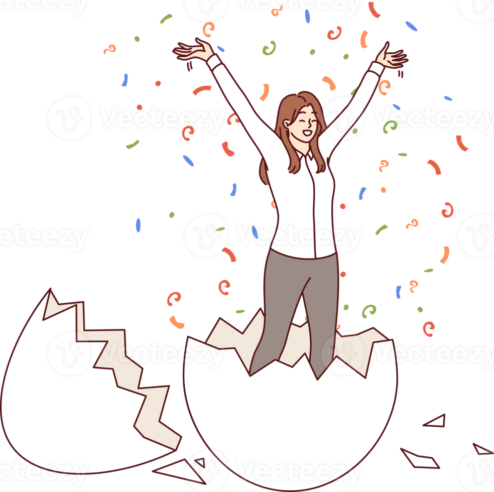Business woman hatched from egg raises hands up, for concept of birth of new professional. Business triumph of successful businesswoman standing among confetti and rejoicing at revival png