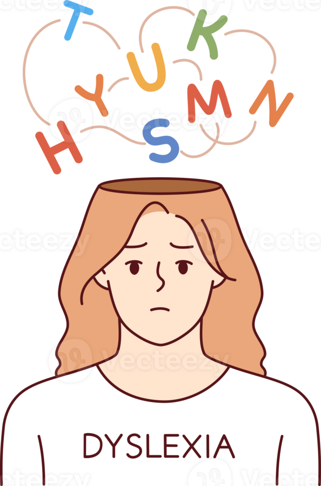 Girl suffers from dyslexia, which causes ignorance of letters and inability to read or write due to confusion in head. Problem of teenage dyslexia interferes with learning and education at school png
