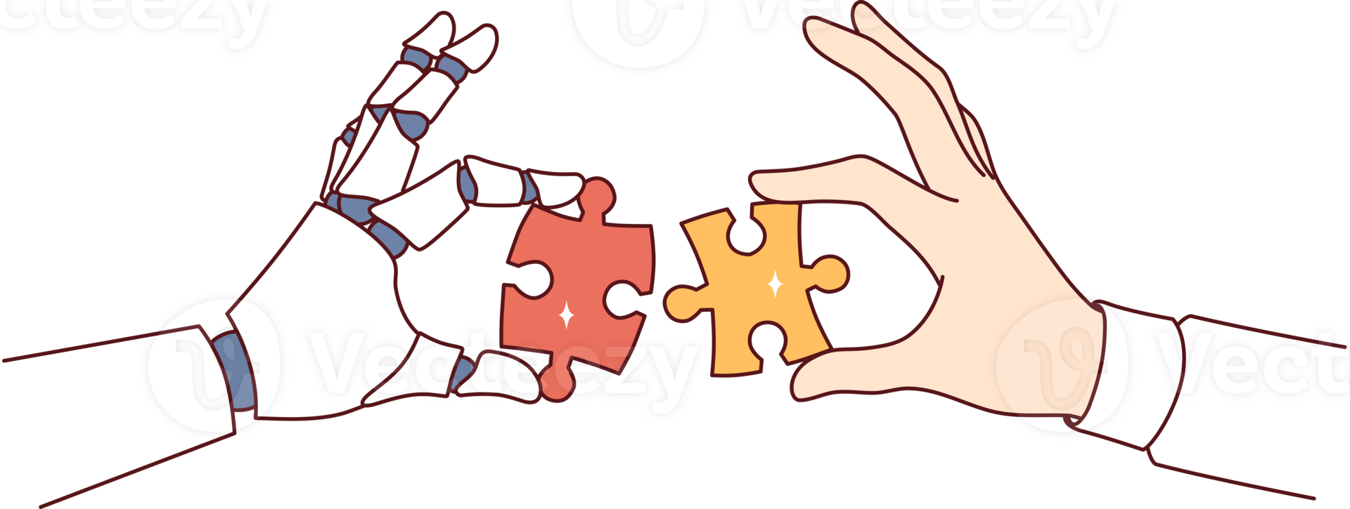 Collaboration between robot and human performing same task and holding different pieces of puzzle in hands. Synergy of robot with artificial intelligence and businessman to perform business tasks png