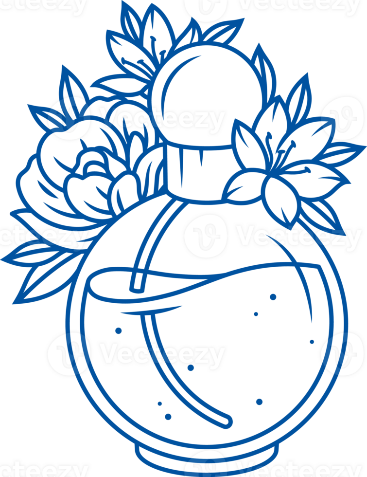 Transparent perfume bottle decorated with flowers to give natural aroma and freshness png