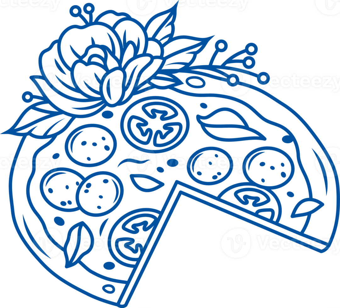 Pizza from pizzeria or restaurant with large flower and cut-out piece is intended for quick eating png